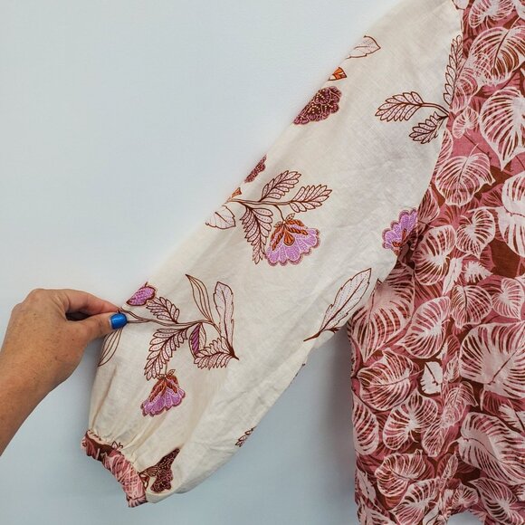 Tahari 100% Linen Button Front Floral Blouse Womens Size L Resort Boho Vacation - Picture 6 of 14